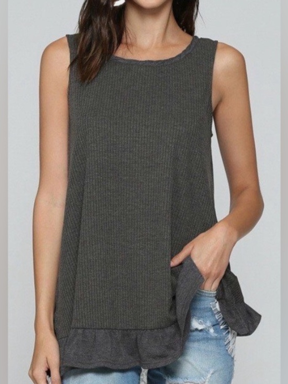 Charcoal Ribbed Sleeveless/White Lace Back Ruffle Detail Tank Top: Small
